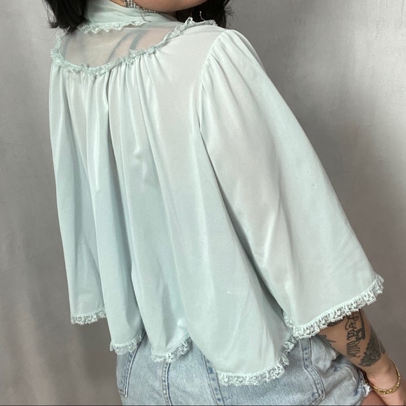 VINTAGE BABY BLUE NYLON EMBROIDERED BLOUSE - Picture 6 of 7